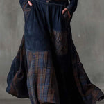Leonora | Vintage Long Dress in Navy Blue Suede Check (Includes Belt)