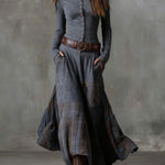 Leonora | Vintage Long Dress in Navy Blue Suede Check (Includes Belt)