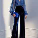 Drew | Blue Mesh V-Neck Long Sleeve Velvet Jumpsuit