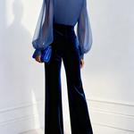Drew | Blue Mesh V-Neck Long Sleeve Velvet Jumpsuit