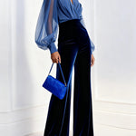 Drew | Blue Mesh V-Neck Long Sleeve Velvet Jumpsuit