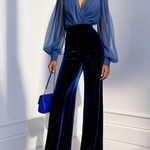 Drew | Blue Mesh V-Neck Long Sleeve Velvet Jumpsuit