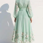 Maxi Pleated Chiffon Dress in Mint Green with Floral Print for Women