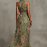 Alyna | Green Floral Chiffon Halter Maxi Dress