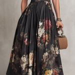 Violetta - Black Midi Dress in Pleated Satin with Floral Pattern and Keyhole Neckline