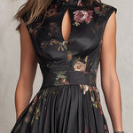 Tenley | Black Floral Satin Pleated Midi Dress