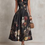 Tenley | Black Floral Satin Pleated Midi Dress