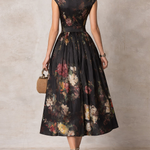 Tenley | Black Floral Satin Pleated Midi Dress