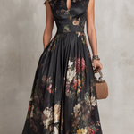 Tenley | Black Floral Satin Pleated Midi Dress