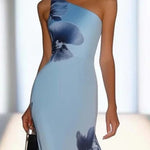 Victoria | Satin Ink Print Off-Shoulder Maxi Dress