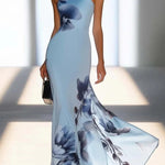Victoria | Satin Ink Print Off-Shoulder Maxi Dress