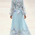 Juliette | Light Blue Floral Chiffon V-Neck Maxi Dress