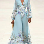 Juliette | Light Blue Floral Chiffon V-Neck Maxi Dress