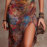Judy | Bohemian Abstract V-Neck Pleated Midi Dress