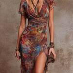 Martina - Midi Pleated Dress with V-Neck, Abstract Art Print in Bohemian Style