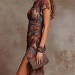 Judy | Bohemian Abstract V-Neck Pleated Midi Dress