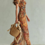 Viola | Long orange chiffon dress with bohemian-style oil painting print
