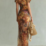 Viola | Long orange chiffon dress with bohemian-style oil painting print