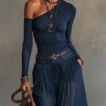 Lore | Navy One-shoulder Top And Skirt Two-piece Set (+ Free Belt)