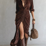 Zara | Buttoned Pleated Velvet Midi Dress