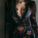 Emiline | Floral Print V-Neck Velvet Lace Trim Slim-Fit Mini Dress
