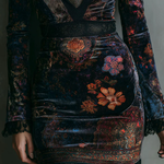 Emiline | Floral Print V-Neck Velvet Lace Trim Slim-Fit Mini Dress