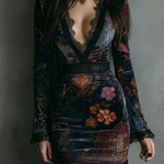 Emiline | Floral Print V-Neck Velvet Lace Trim Slim-Fit Mini Dress