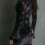 Emiline | Floral Print V-Neck Velvet Lace Trim Slim-Fit Mini Dress