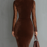 Skye | Brown Vintage Keyhole Neckline Lace Sleeve Velvet Mini Dress
