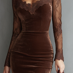 Skye | Brown Vintage Keyhole Neckline Lace Sleeve Velvet Mini Dress