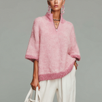 ElevenOra Stylish Casual Pink Stand-collar Zippered Short-sleeved Loose Knit Sweater Top