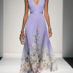Rose | Light Blue Floral Chiffon V-Neck Maxi Dress