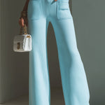 ElevenOra Chic Elegant Baby Blue High Waist Patch Pocket Details Ribbed Knit Wide-Leg Pants