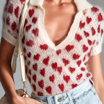 ElevenOra Chic Elegant Red Beige Heart Pattern Lapel V-Neck Short-Sleeve Slim-Fit Knit Sweater Top