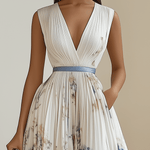 Chloe | White Floral Chiffon V-Neck Pleated Midi Dress
