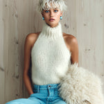 ElevenOra Chic Vintage White Halter Turtleneck Sleeveless Fuzzy Knit Vest Top