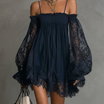 Noemi | Mini dress in navy blue chiffon with off-the-shoulder neckline, lace trim, and sheer sleeves