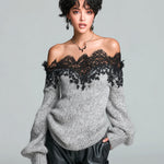 ElevenOra Chic Casual Gray Off-The-Shoulder Lace Trim Detail Long Sleeve Oversized Knit Sweater Top