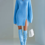 ElevenOra Chic Casual Blue Round Neck Long Sleeve Zipper-Front Side Slit Oversized Fuzzy Knit Mini Dress
