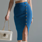 ElevenOra Chic Elegant Royal Blue Side Button Split Slim-Fit Ribbed Knit Midi Pencil Skirt