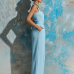 ElevenOra Chic Elegant Sky Blue Wide Strap Square-Neck Sleeveless Tie-Waist Waffle Textured Fabric Wide-Leg Jumpsuit