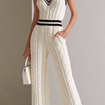 ElevenOra Chic Elegant Cream White V-Neck Sleeveless Contrast Trim Detail Elastic-Waist Loose-Fit Cable Knit Jumpsuit