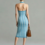ElevenOra Stylish Elegant Blue-White Checkerboard Halter Neck V-Neck Slim-Fit Side Slit Ribbed Knit Midi Dress