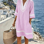 V-Neck Short Sleeve Striped Dress