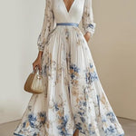 Amalia | White Floral Chiffon Balloon Sleeve Maxi Dress