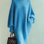 ElevenOra Chic Casual Blue Turtle Neck Oversized Long Sleeve Knit Midi Dress