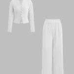 FLORLIE™ - Women’s Ribbed Crop Top & Elastic Waist Pants Casual Set