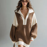 ElevenOra Chic Elegant Zip-Up Lapel Collar Oversized Long Sleeve Colorblock Knit Mini Dress