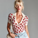 ElevenOra Chic Elegant Red Beige Heart Pattern Lapel V-Neck Short-Sleeve Slim-Fit Knit Sweater Top