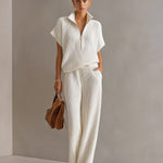 ElevenOra Chic Elegant Cream White Zipper-Up Stand Collar Oversize Short-Sleeve Sweater  Wide-Leg Pants Ribbed Knit Two-Piece Set